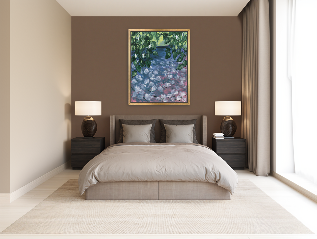 White petals on blue pond room view