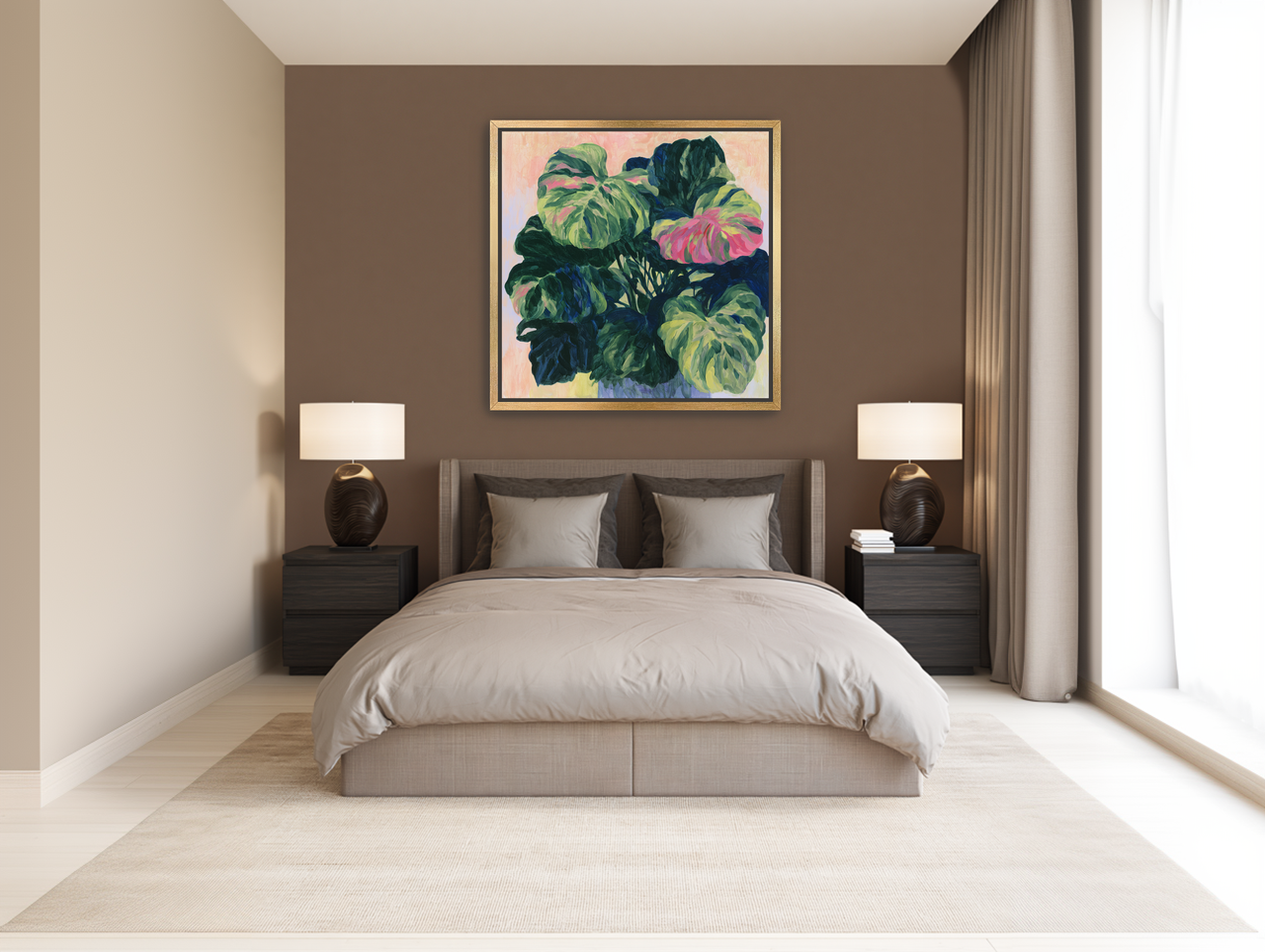 Pink light on green leaves room view