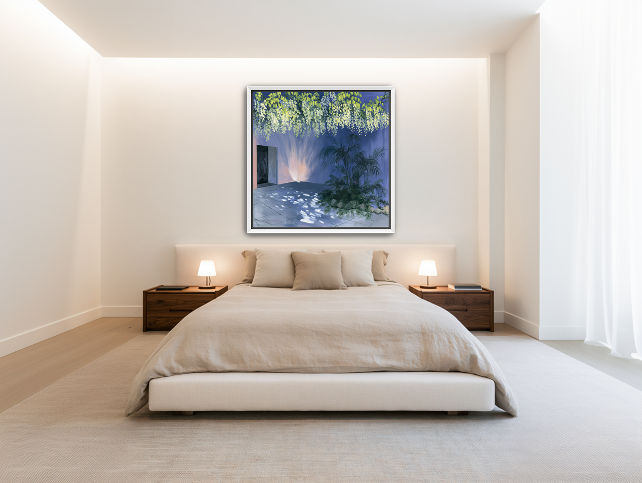 Light beneath hanging blossoms room view