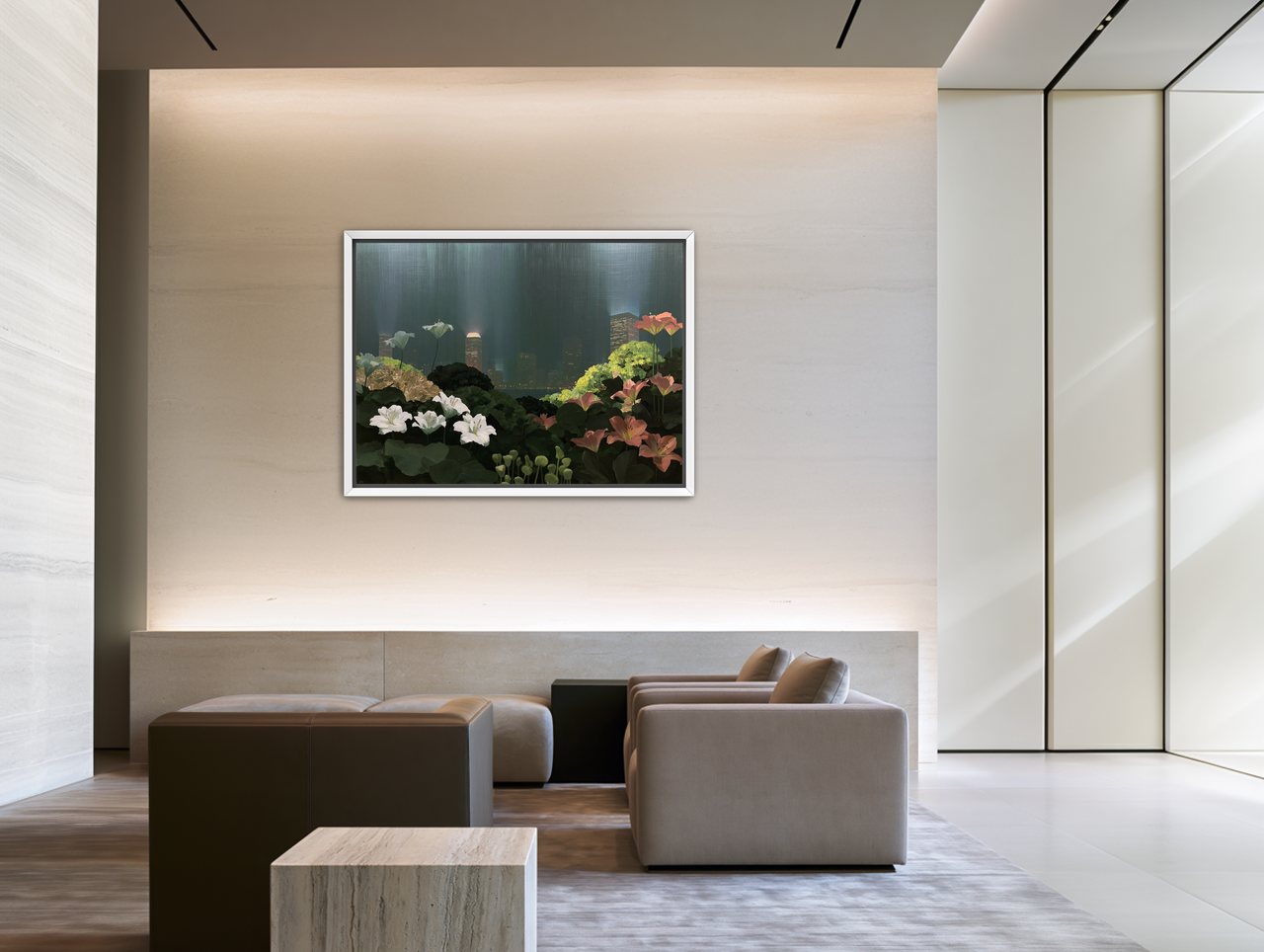Lilies against the lit skyline room view