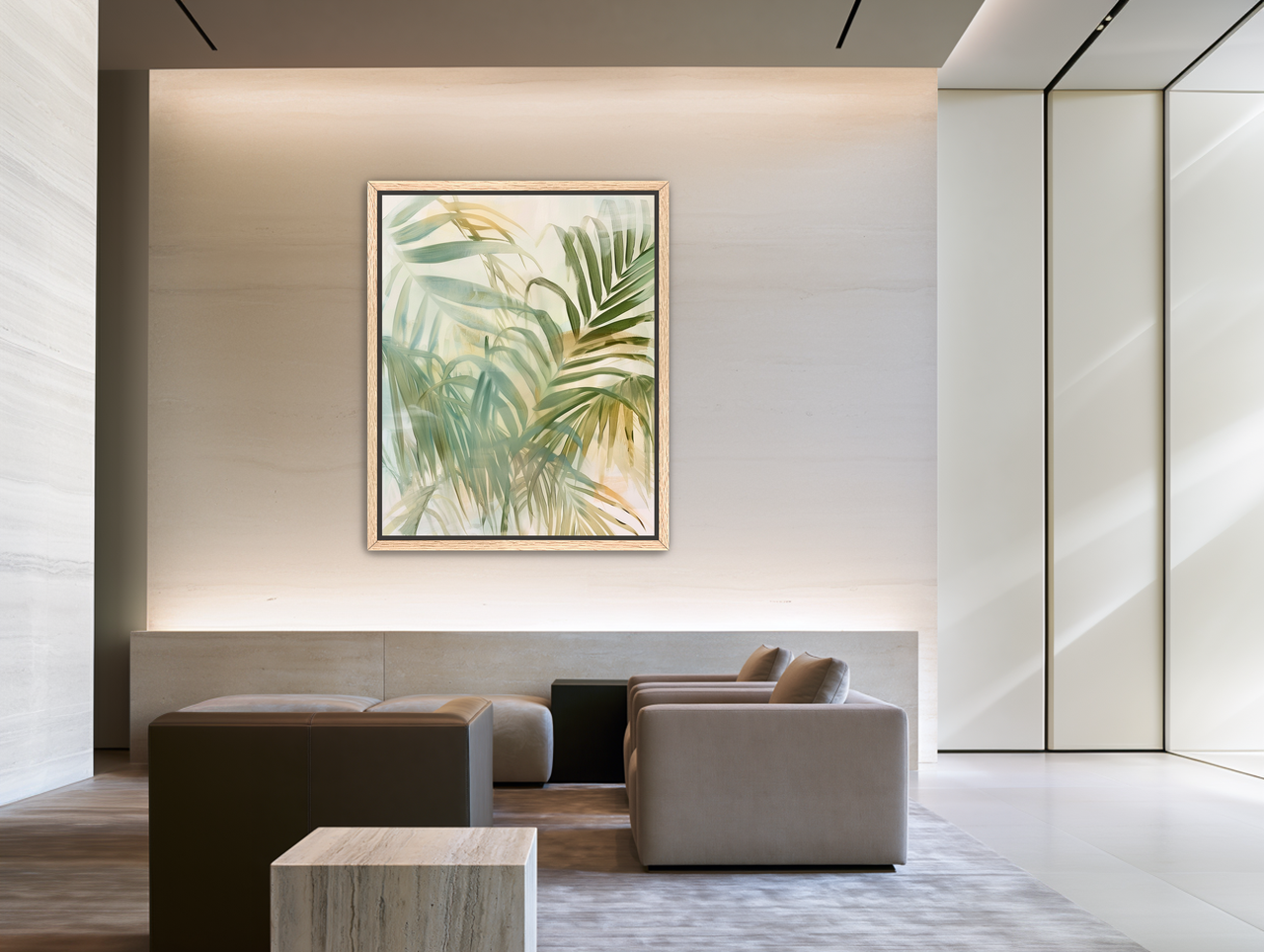 Palm leaves in pale wash room view