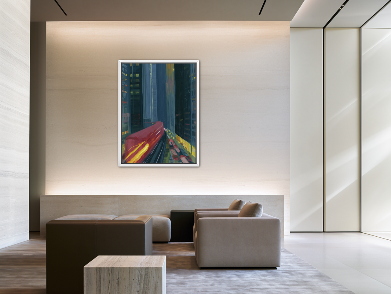 Red train in blue towers room view