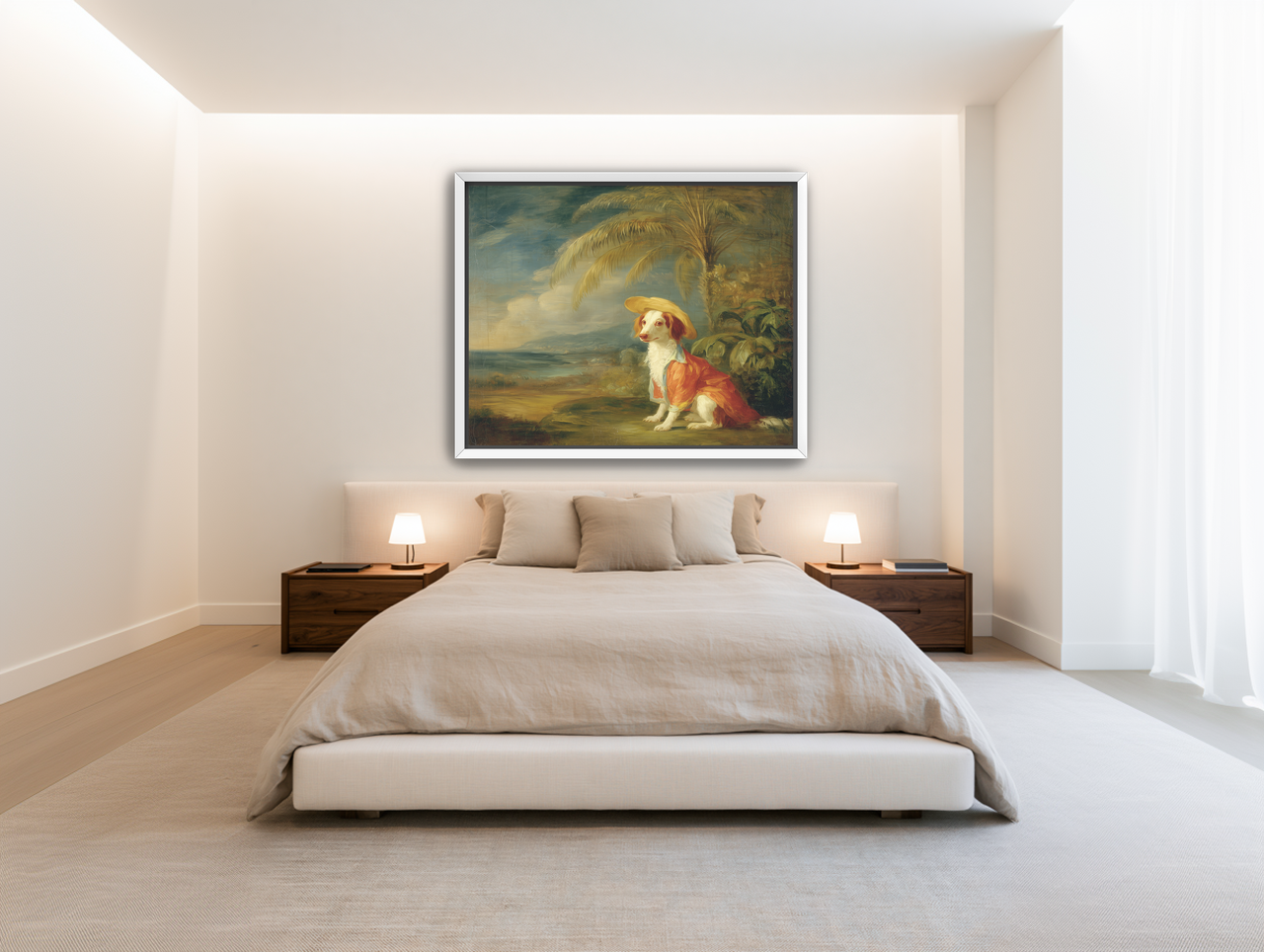 A hatted dog by the sea room view