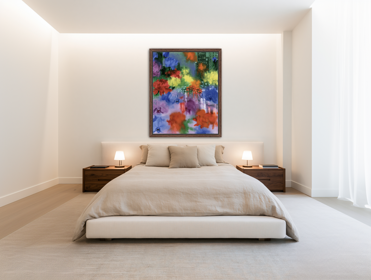 Neon traffic under painted blooms room view