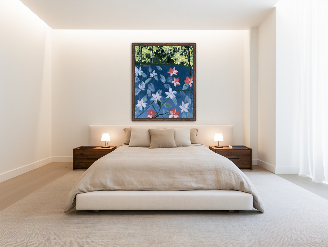 Coral flowers on dark water room view