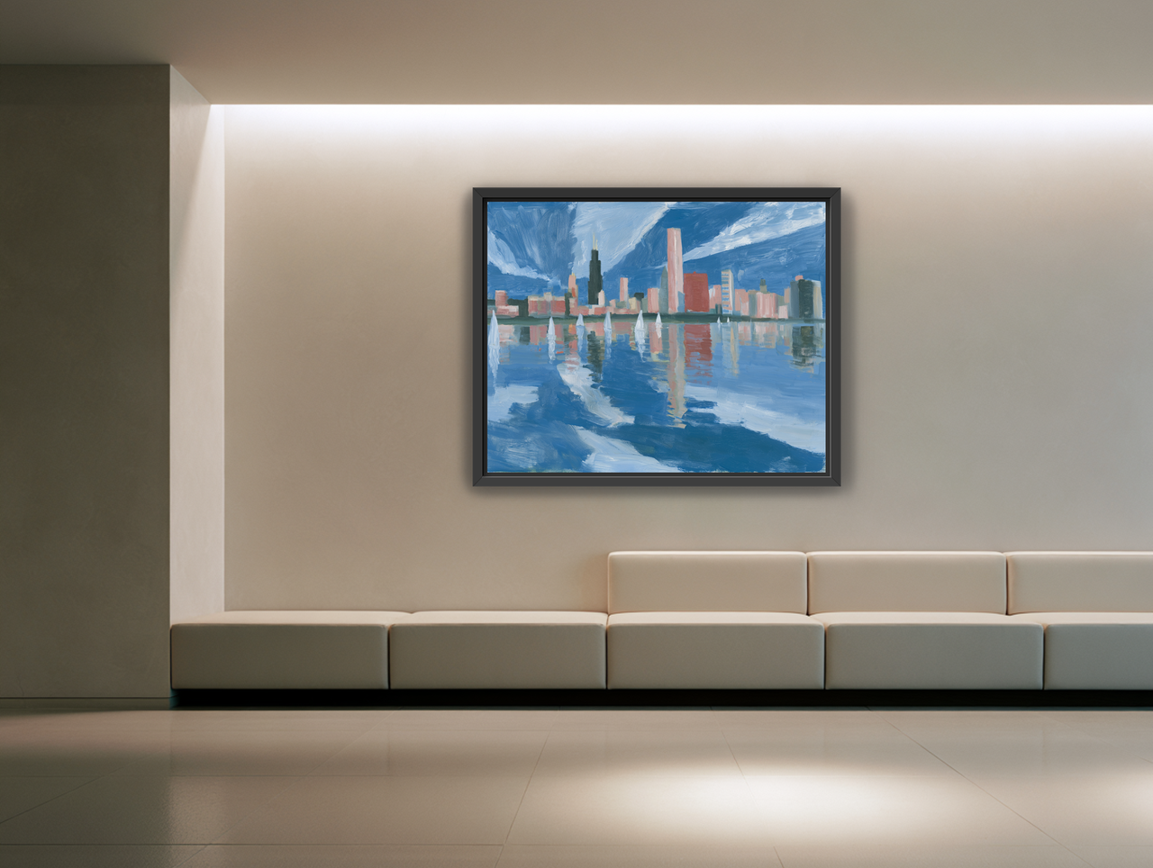 Sailboats before the mirrored skyline room view