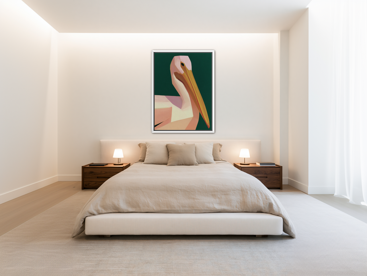 A pelican within green silence room view