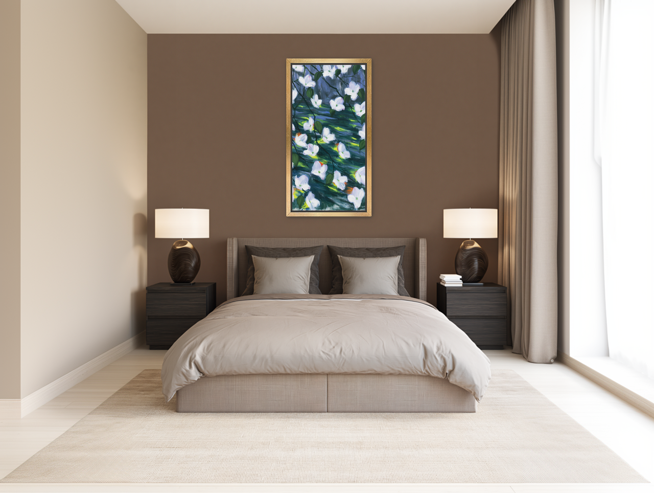 White blossoms on dark water room view