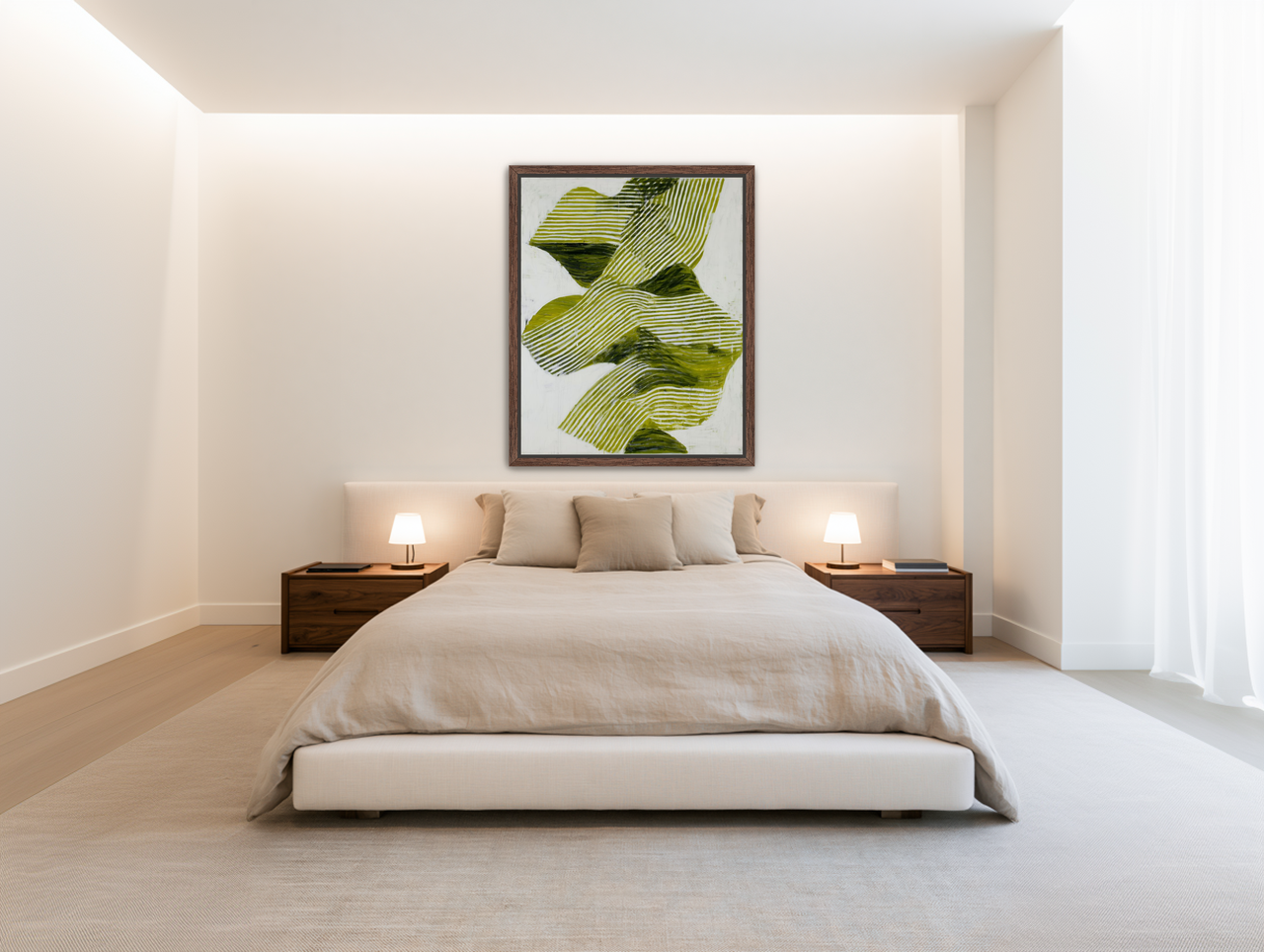 Olive stripes across white room view
