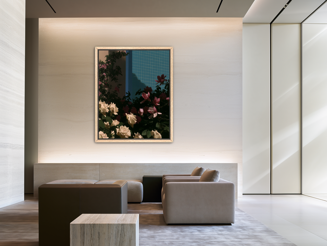 Flowers beneath the tiled wall room view