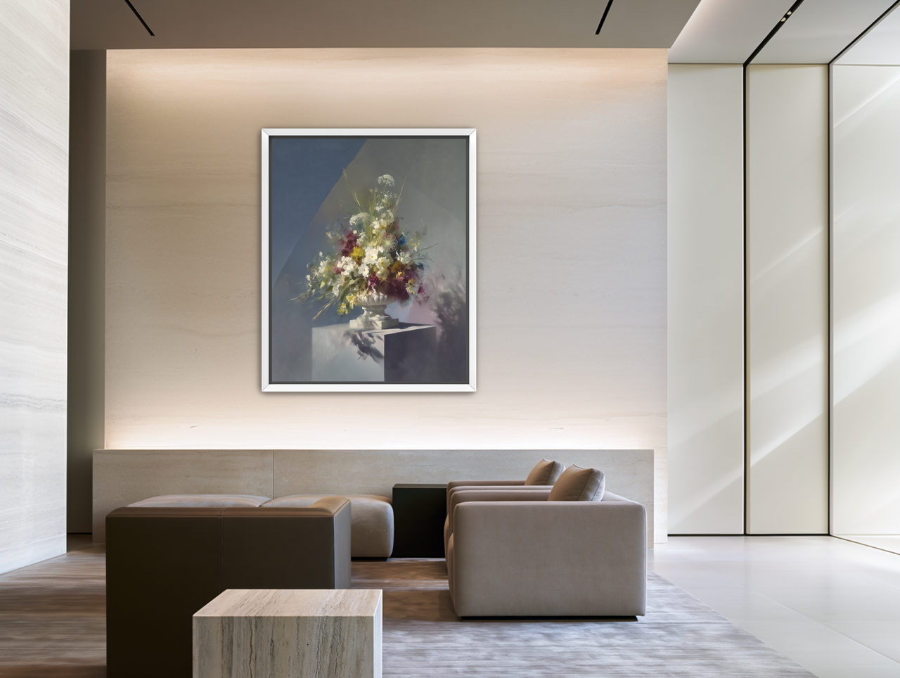 White urn within angled light room view
