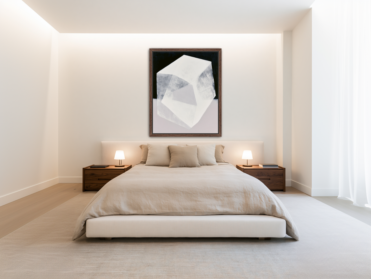 Milkwhite facets in deep black room view