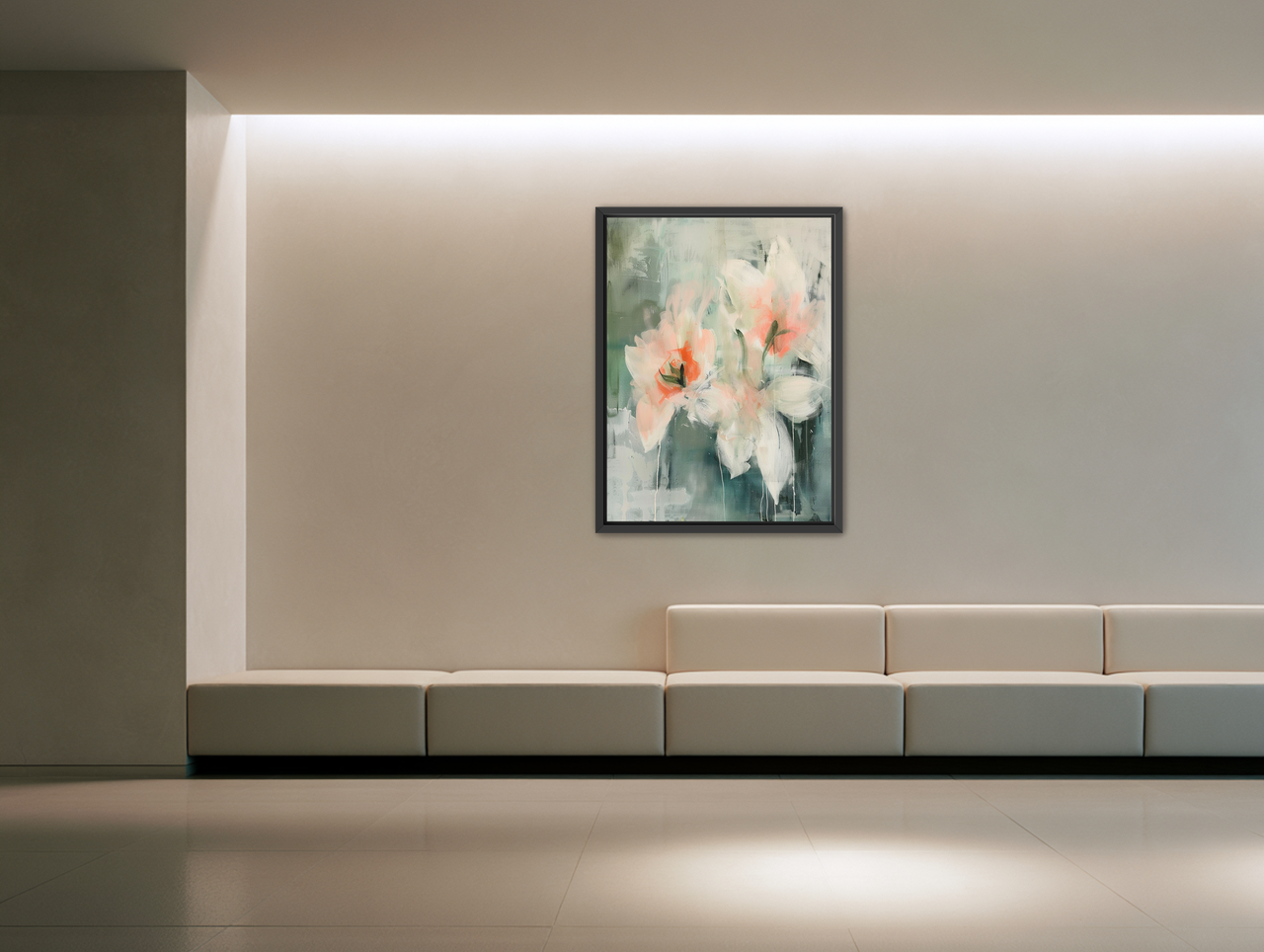Pale blooms in quiet paint room view