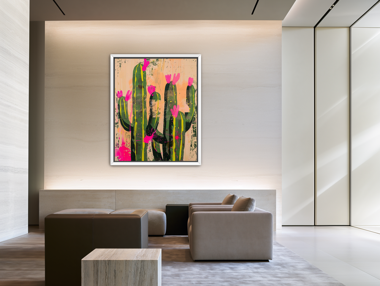 Pink blooms on cacti room view