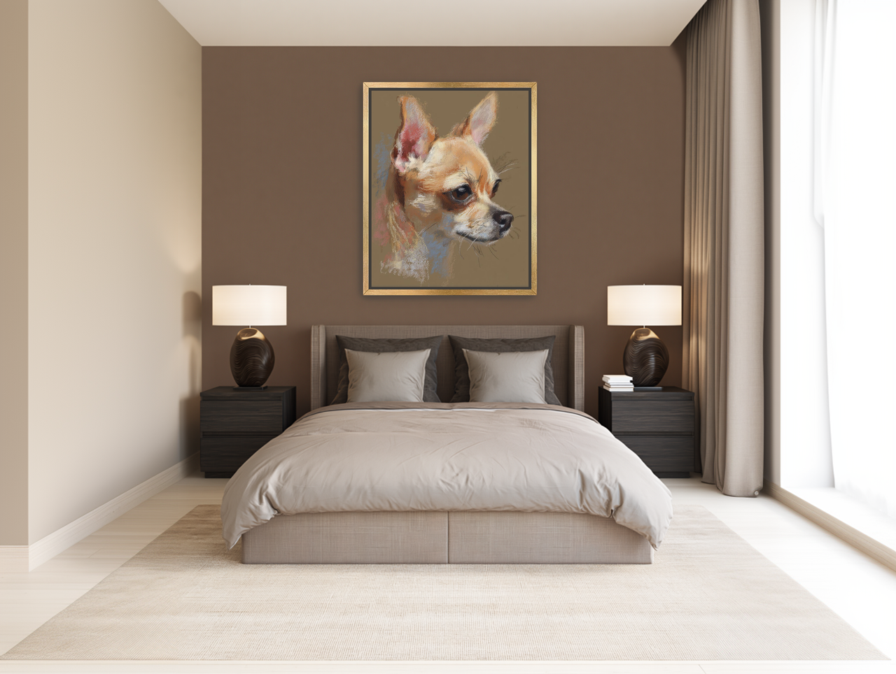 Pastel dog in profile room view
