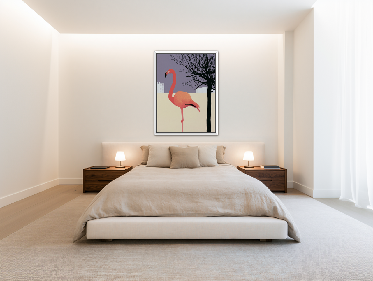A flamingo beside the bare tree room view