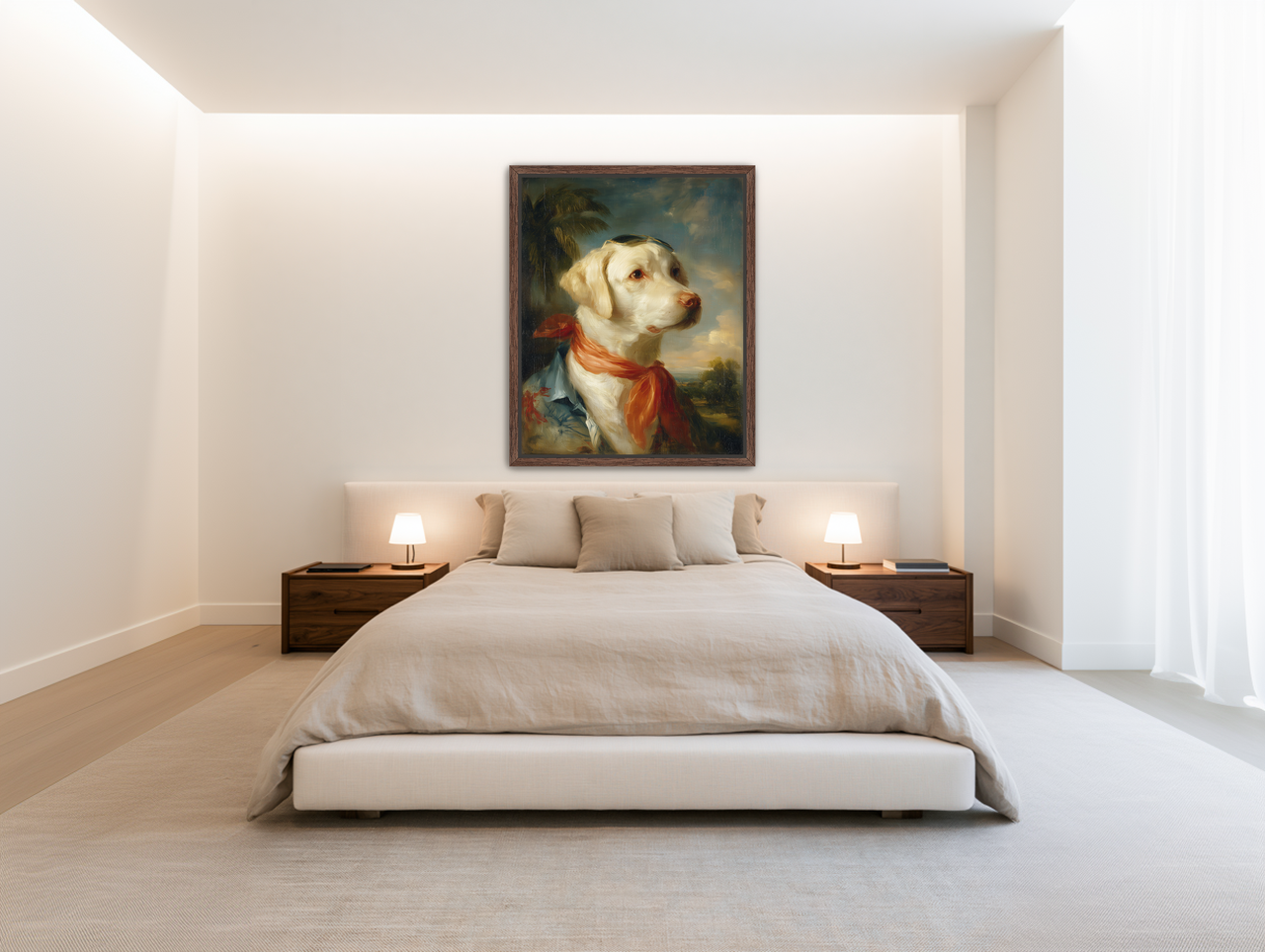 White dog in red scarf room view