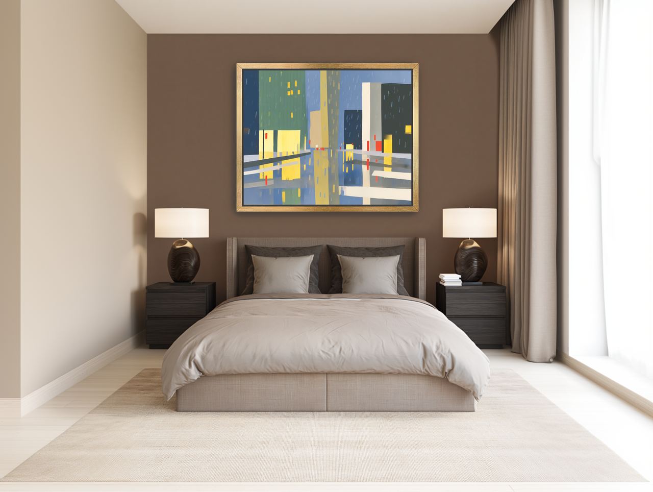 Yellow windows on wet blue street room view