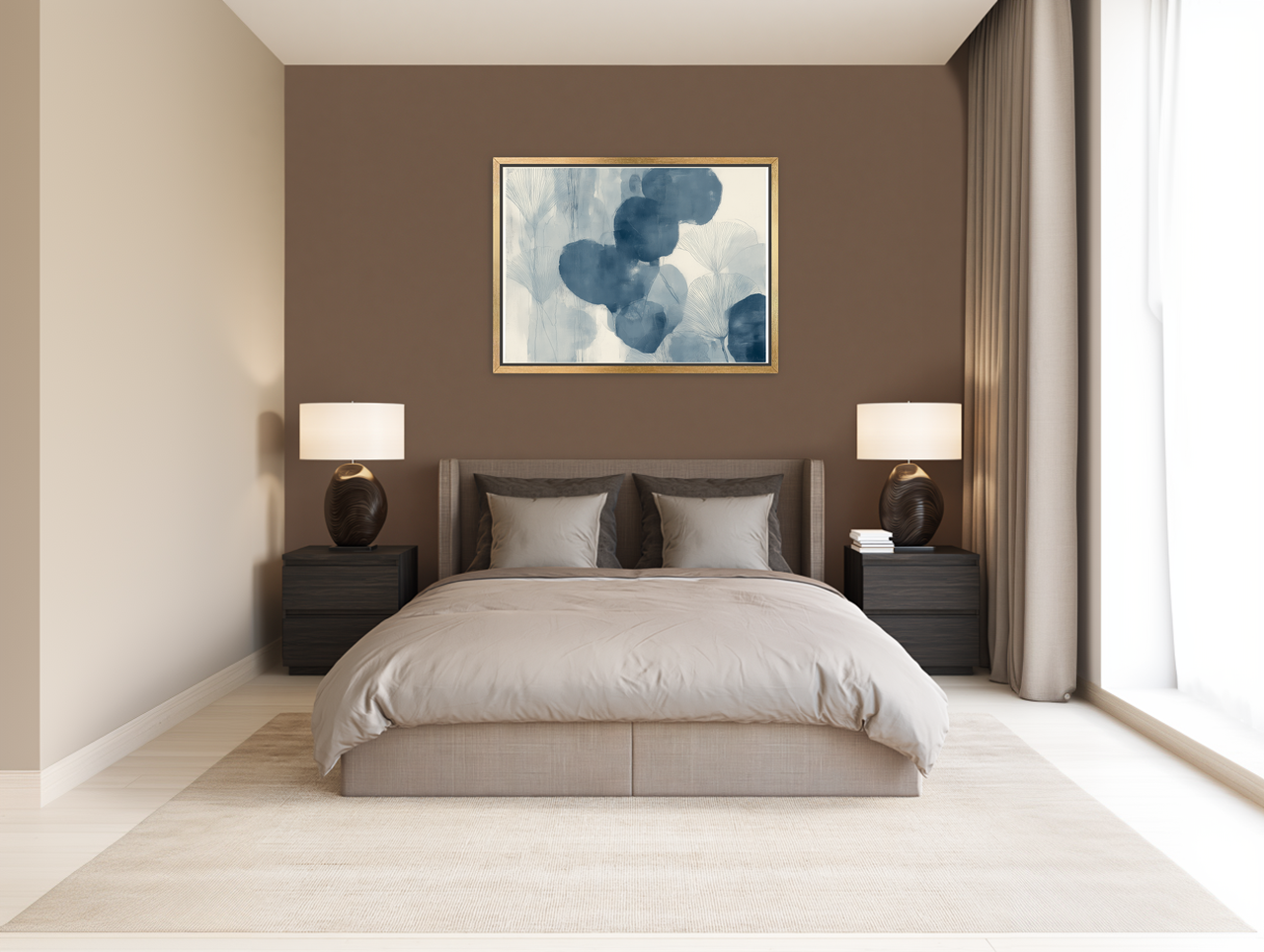 Dark leaves among pale fans room view