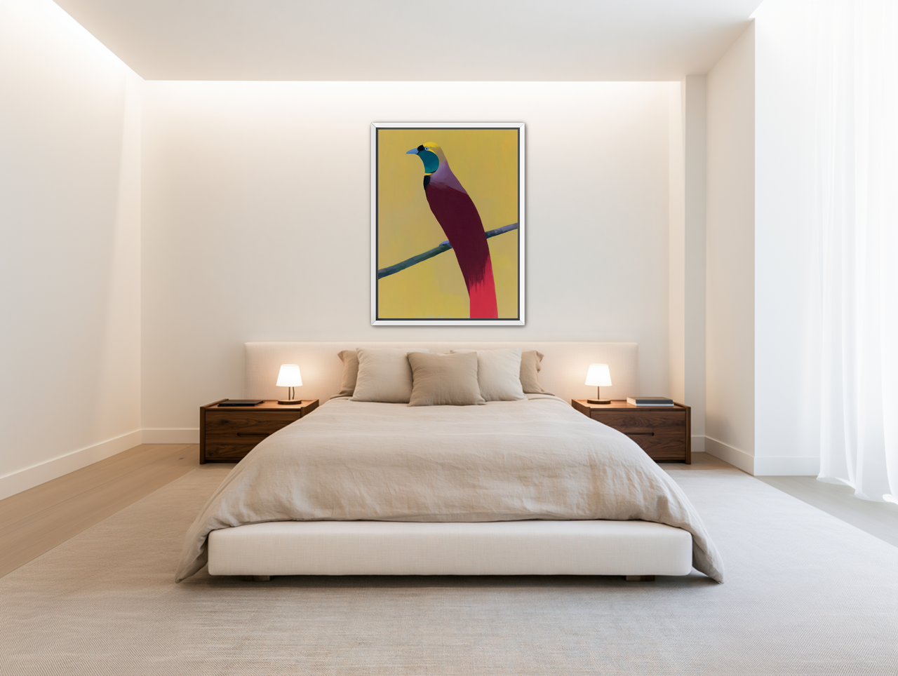 A bright bird on yellow room view