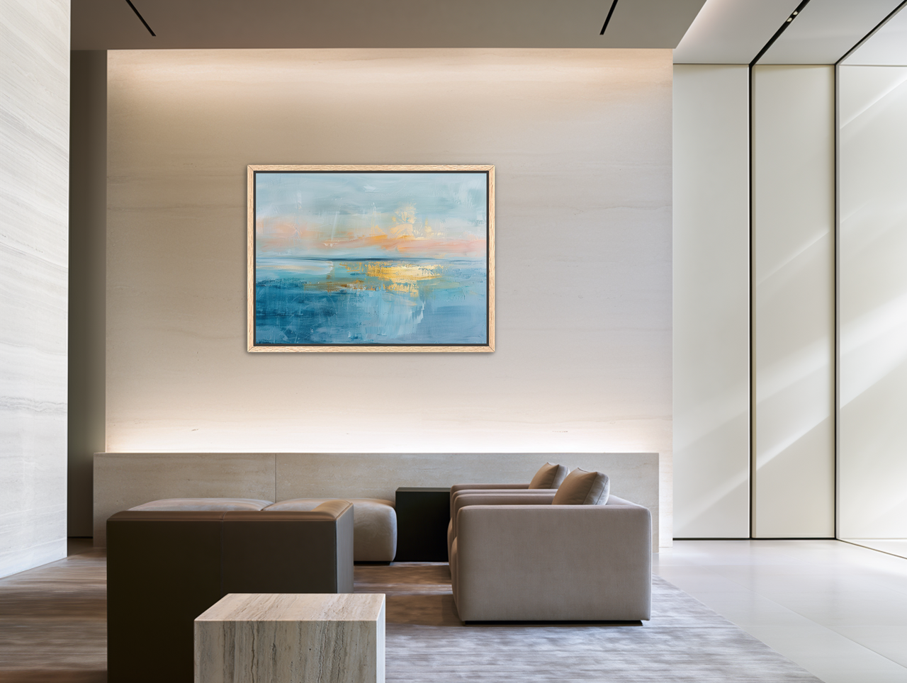 Gold light on quiet water room view