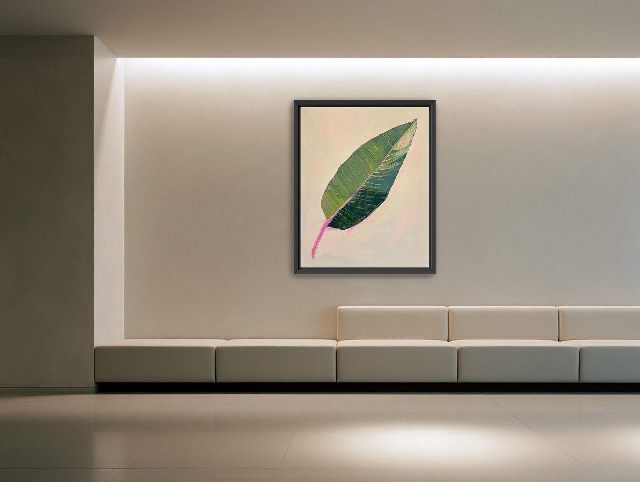 Green leaf with pink spine room view