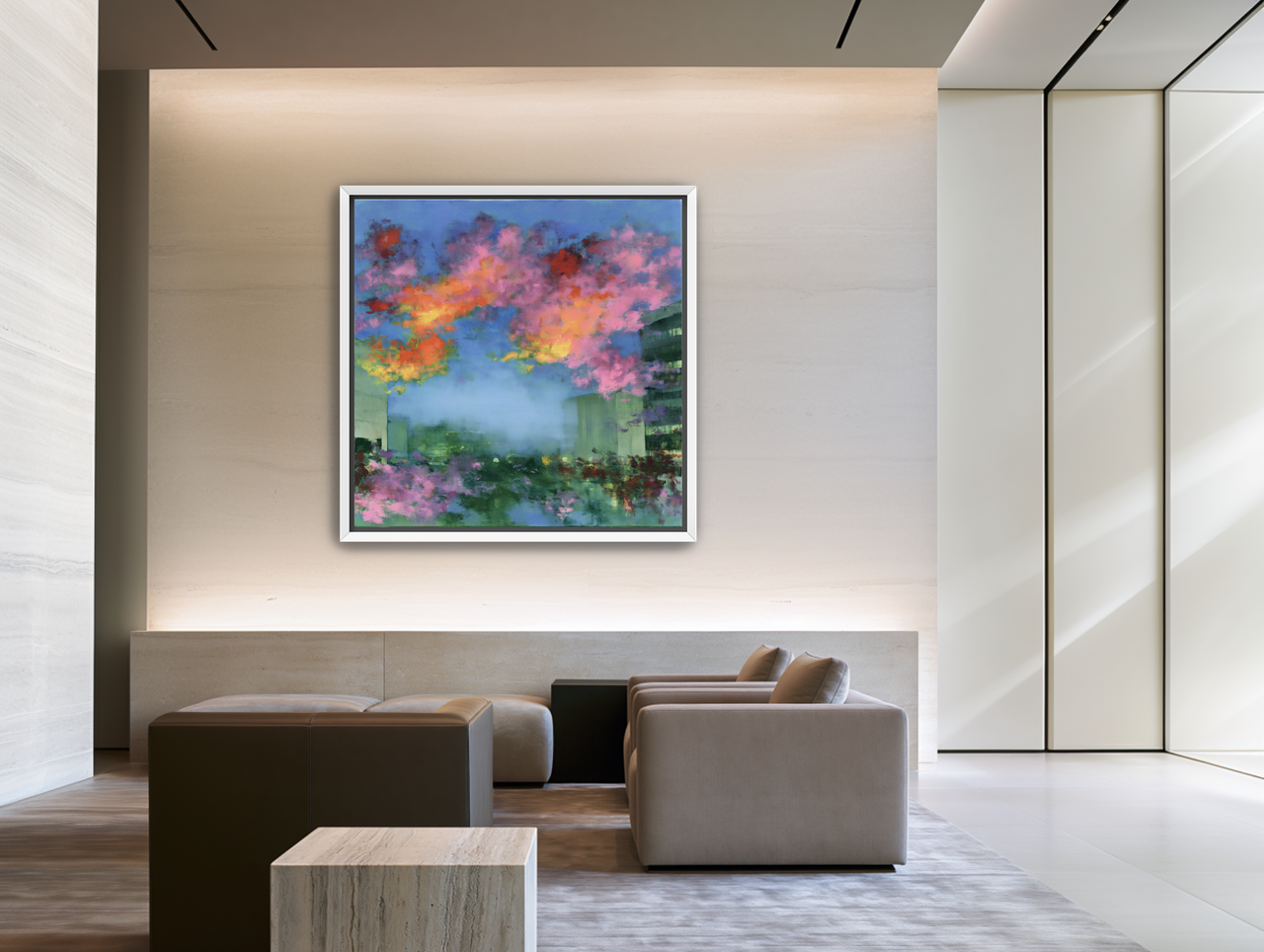 Neon clouds over rooftops room view