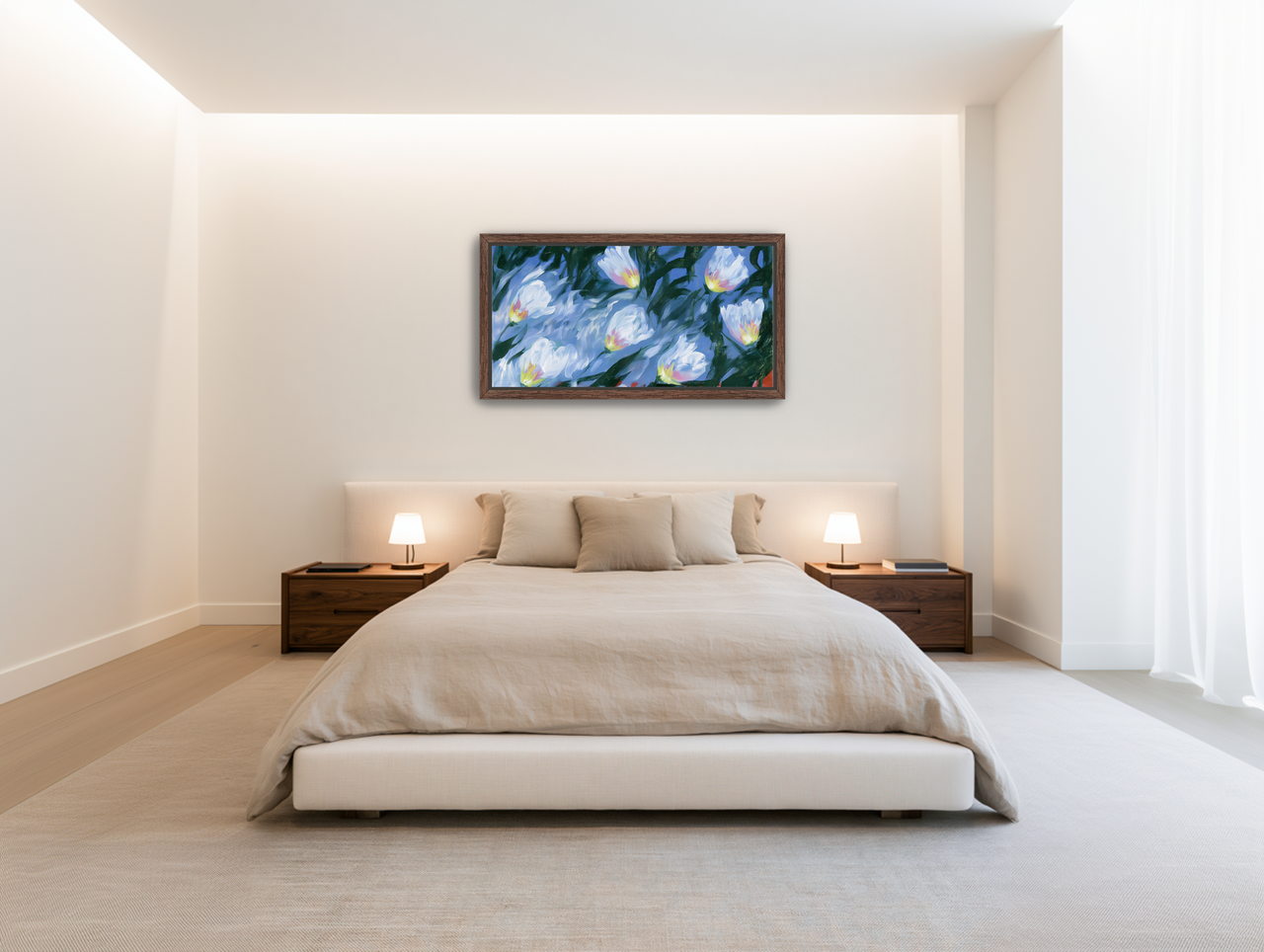 White tulips on blue ground room view
