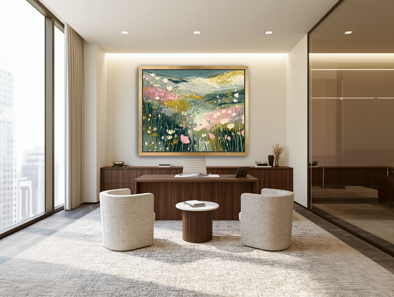 Teal sky over pink meadow room view