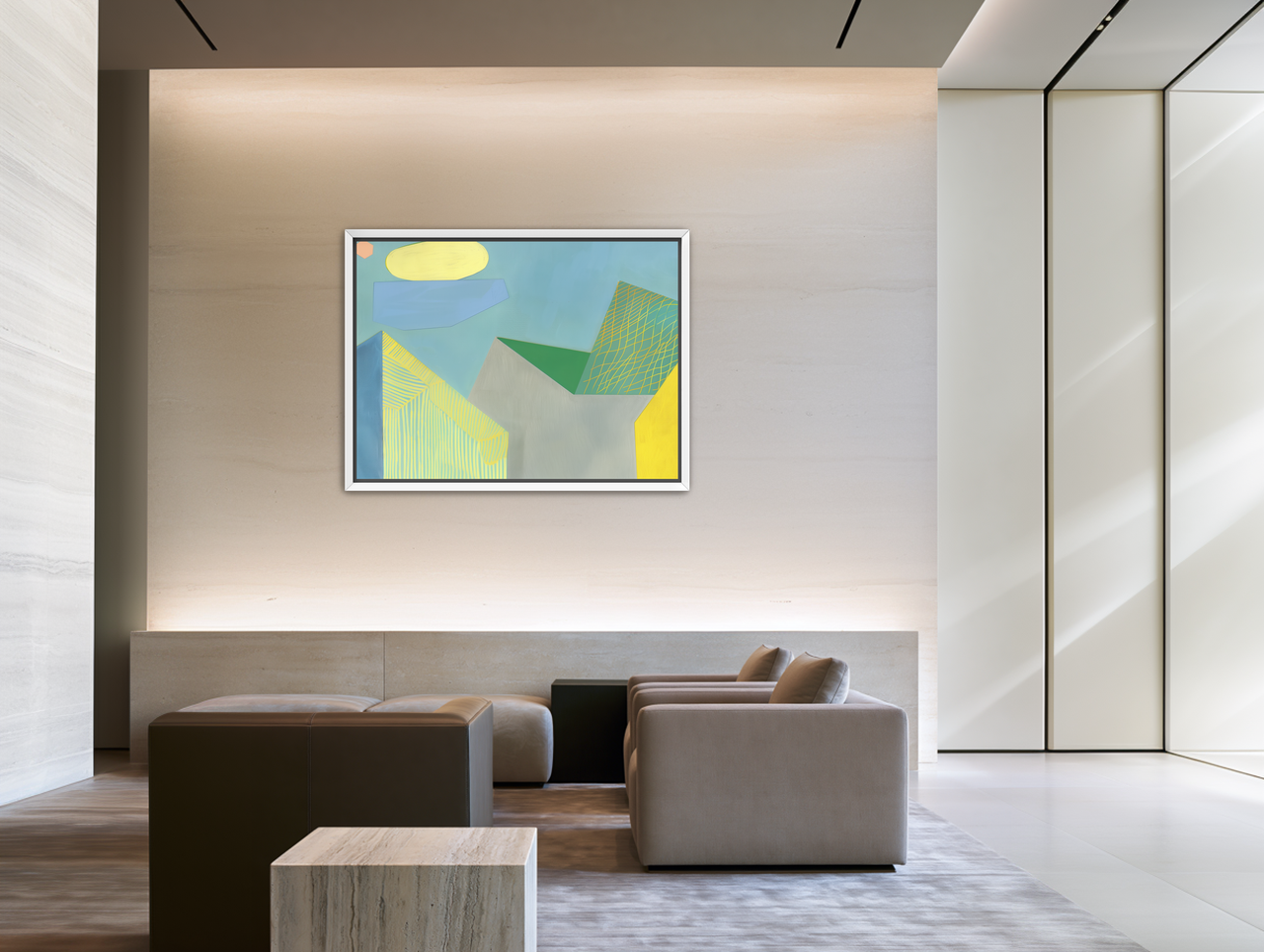 Crosshatched planes on blue room view