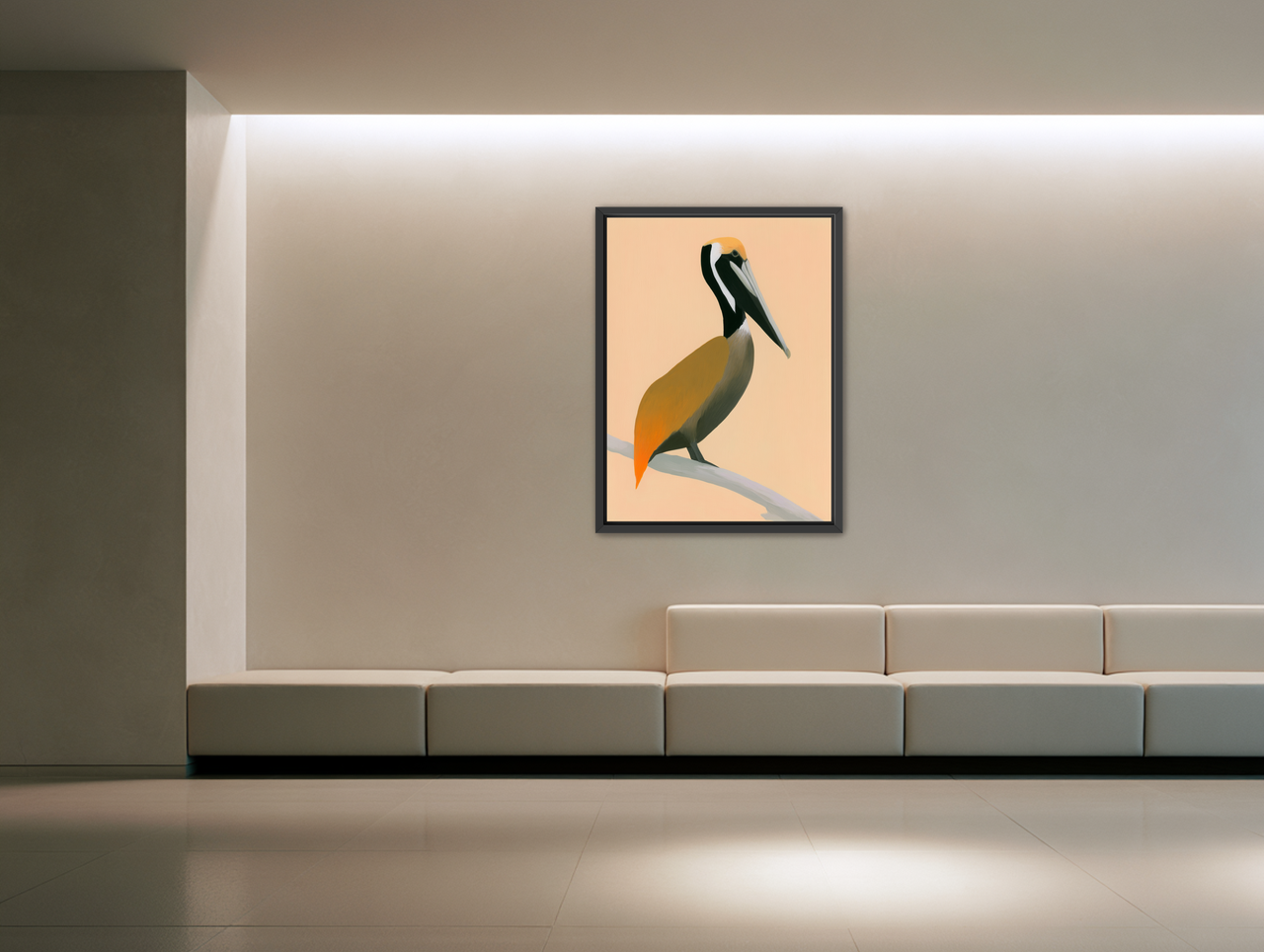 Pelican in peach light room view