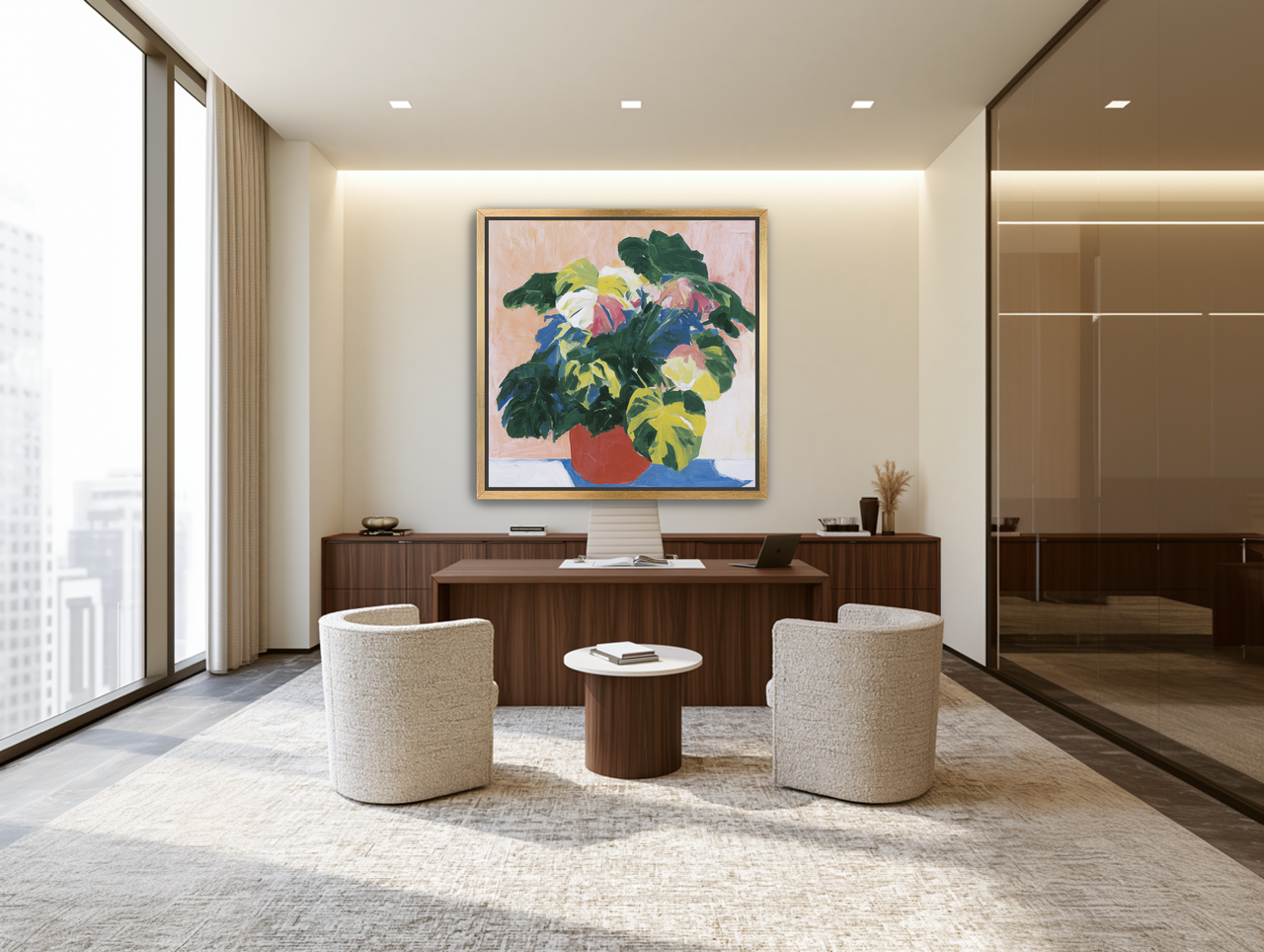 Red pot under heavy leaves room view