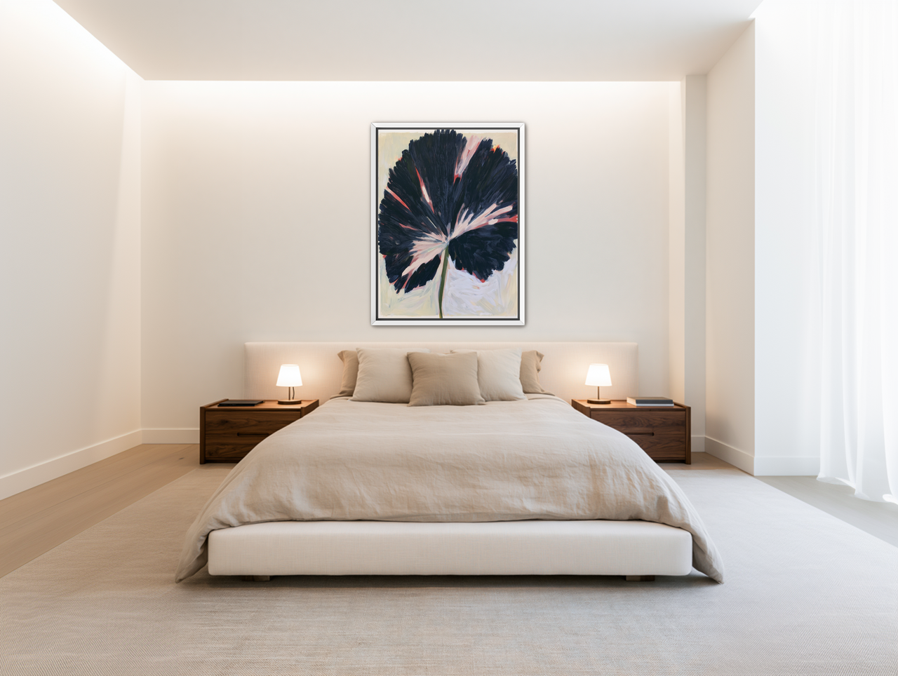 Dark petals across pale ground room view