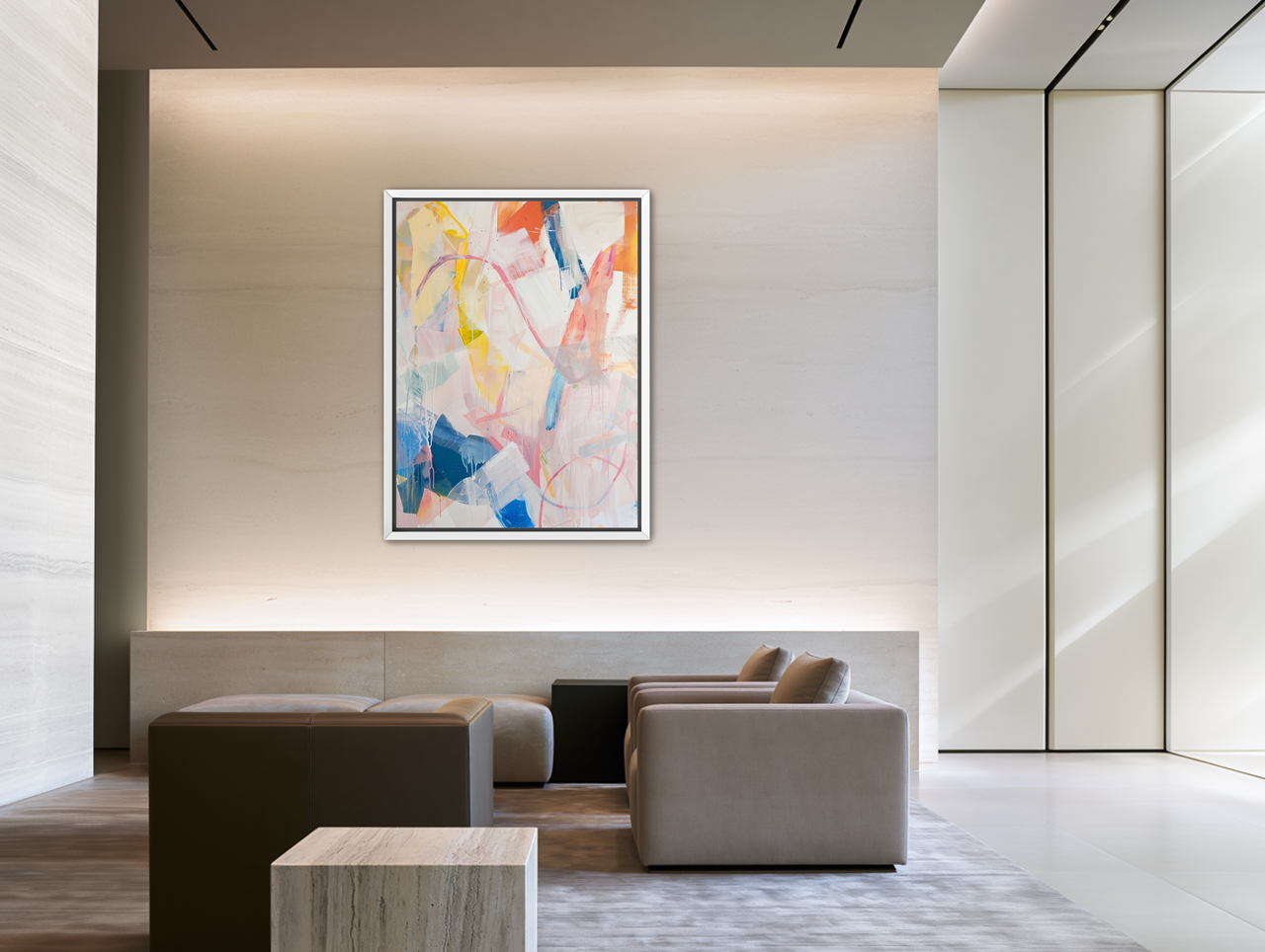 Coral light crossing blue room view