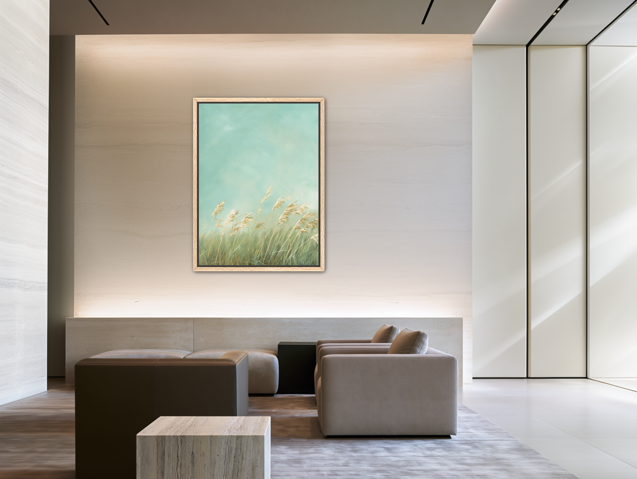 Turquoise sky over pale grass room view