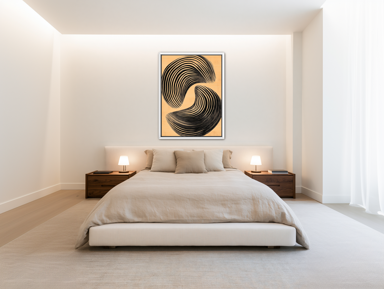 Black spiral on tan ground room view