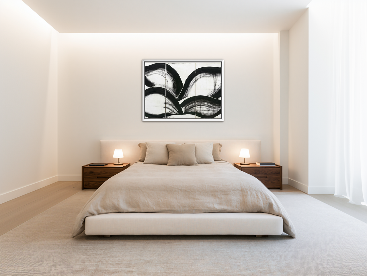 Black arcs across white panels room view