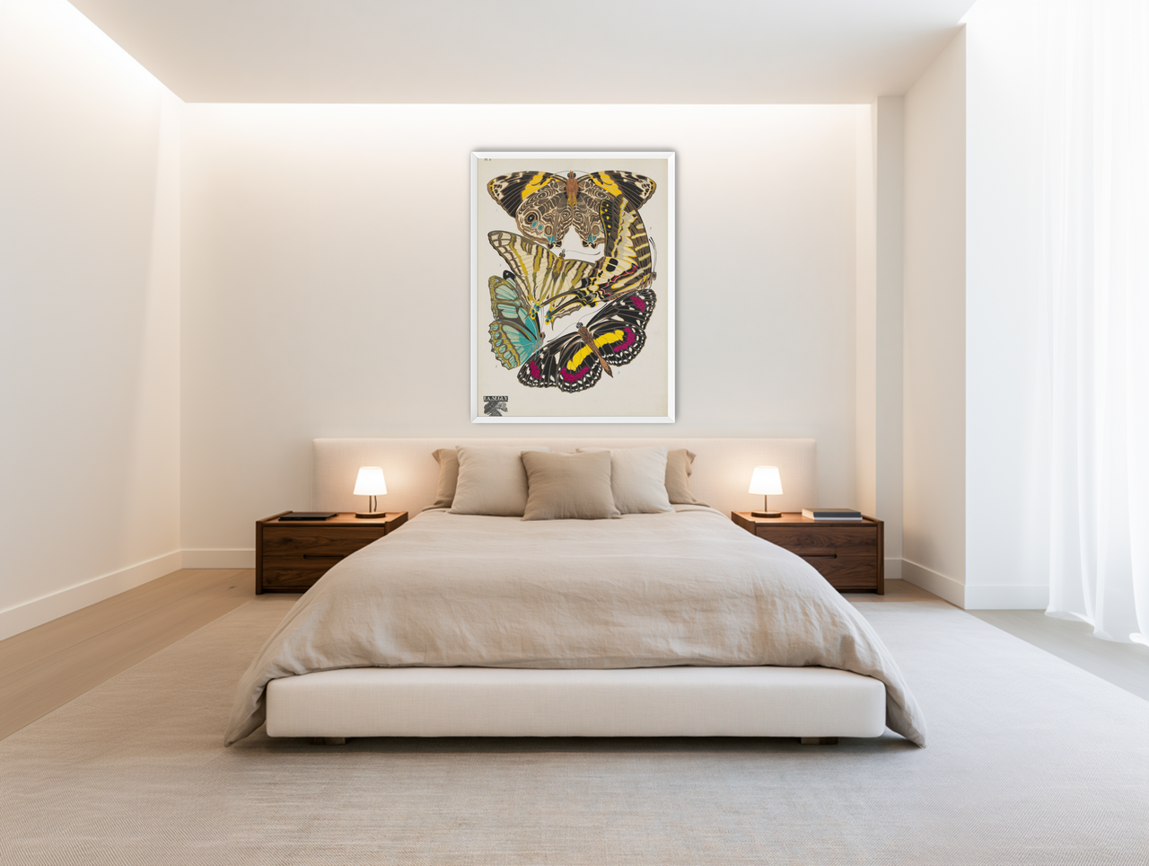 Butterflies among blank paper room view