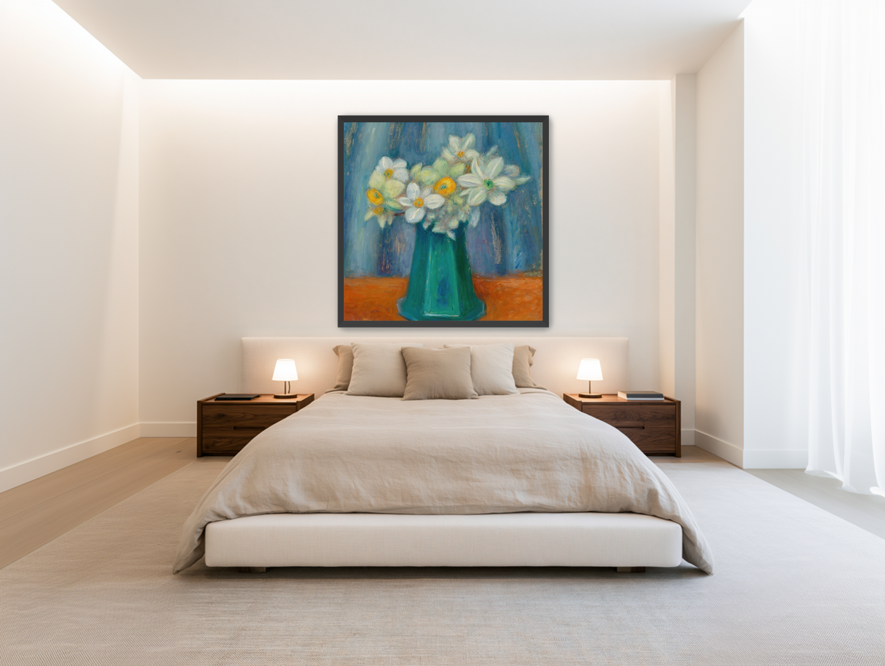 Daisies in green glass room view