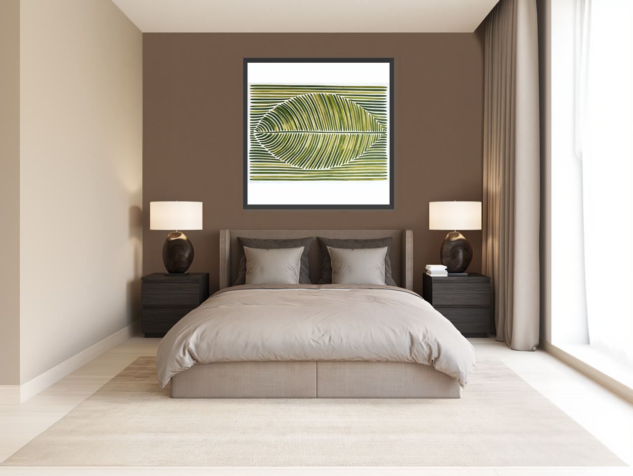 Palm frond in green bands room view