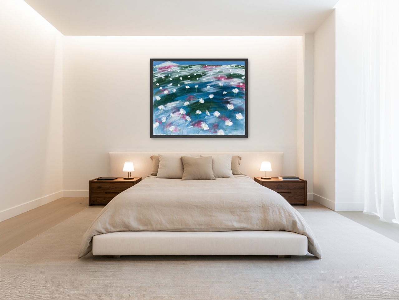 White flowers in windblown hills room view