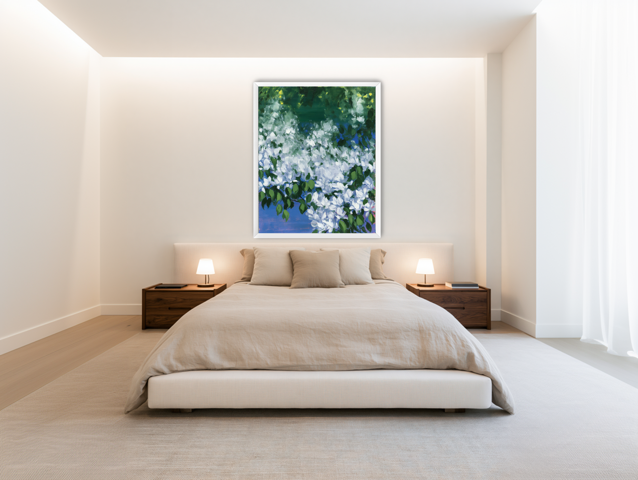 White blossoms over blue shade room view