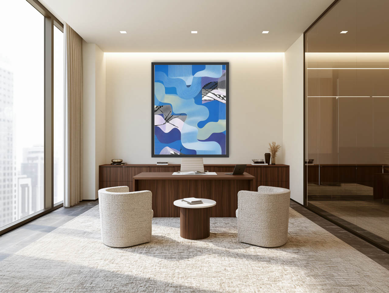 Waves within blue blocks room view