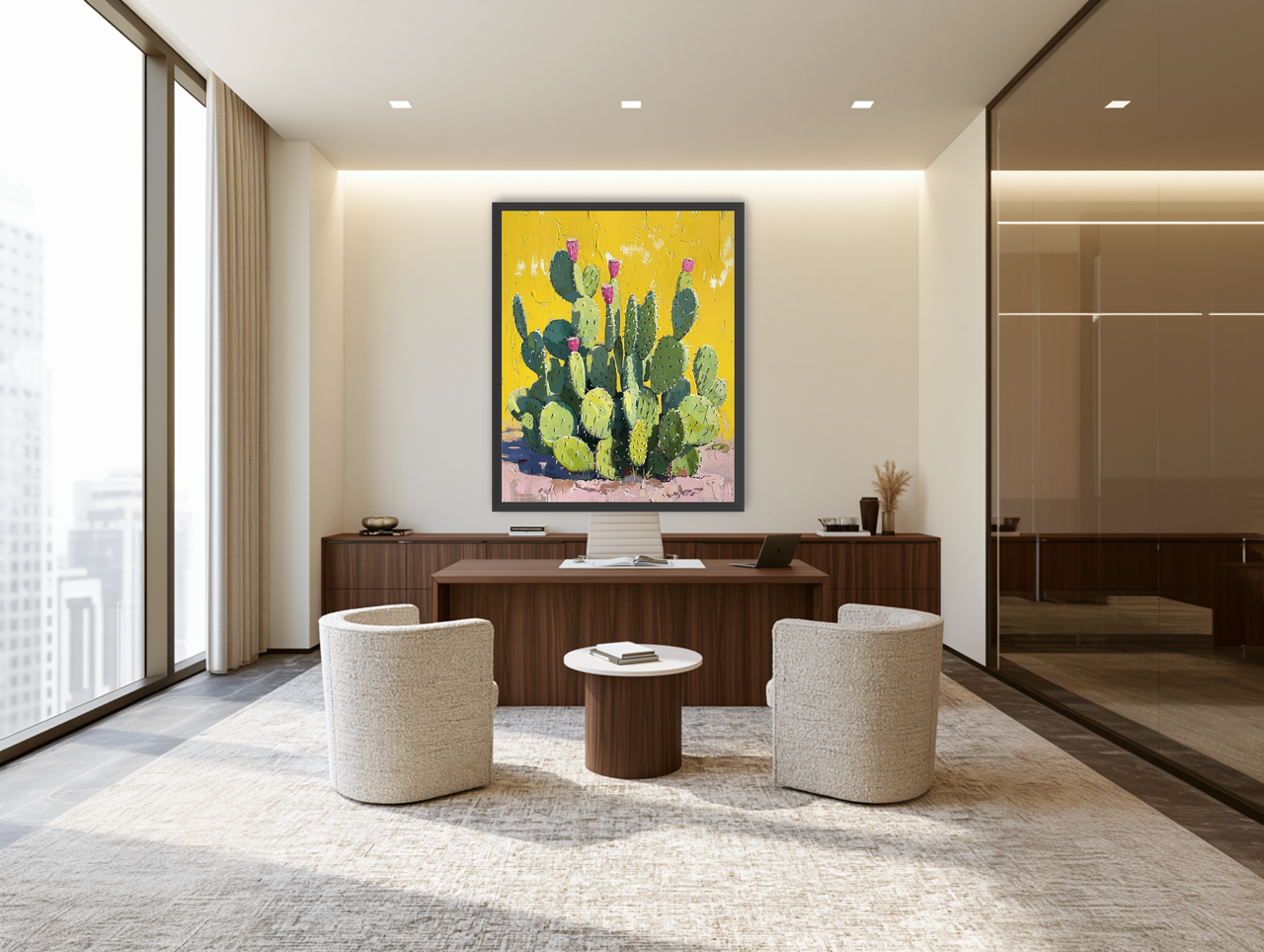 Pink blooms in yellow heat room view