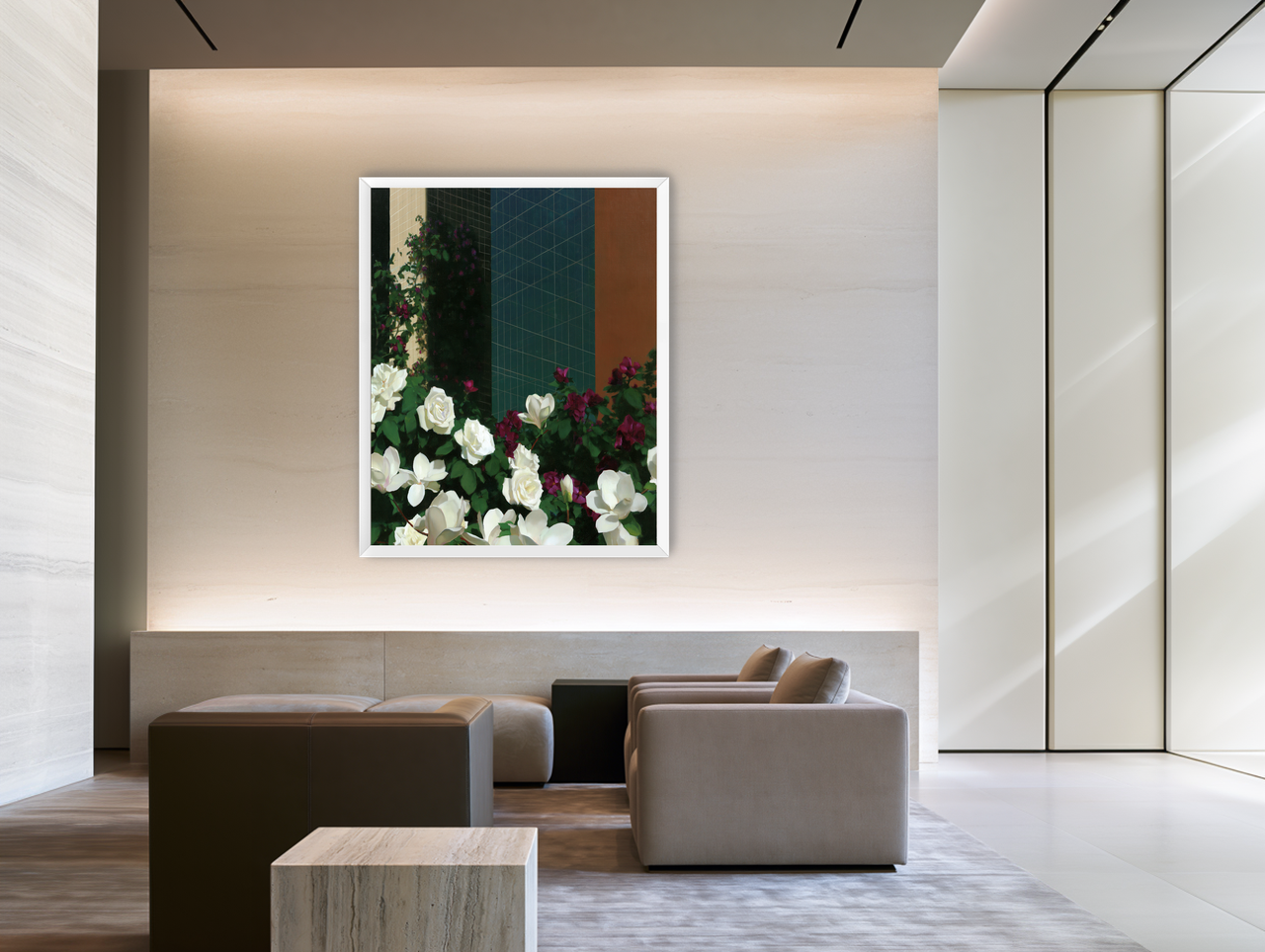 Roses against the blue grid room view