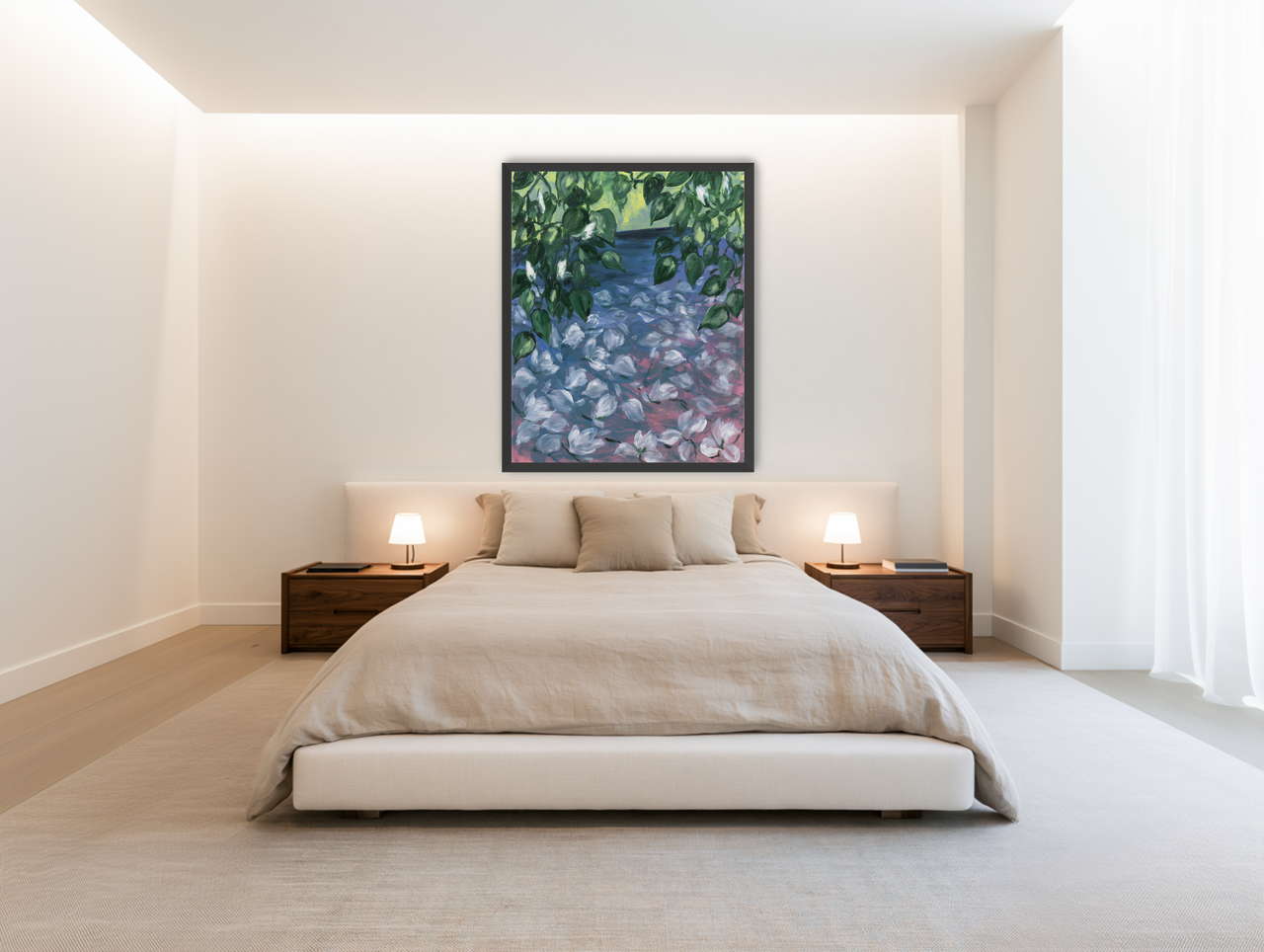 White petals on blue pond room view