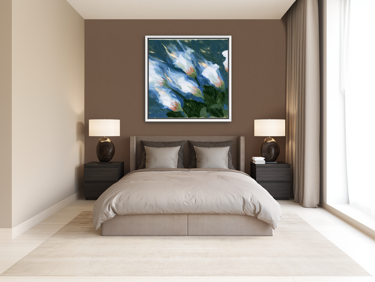 Blue wind through white lilies room view