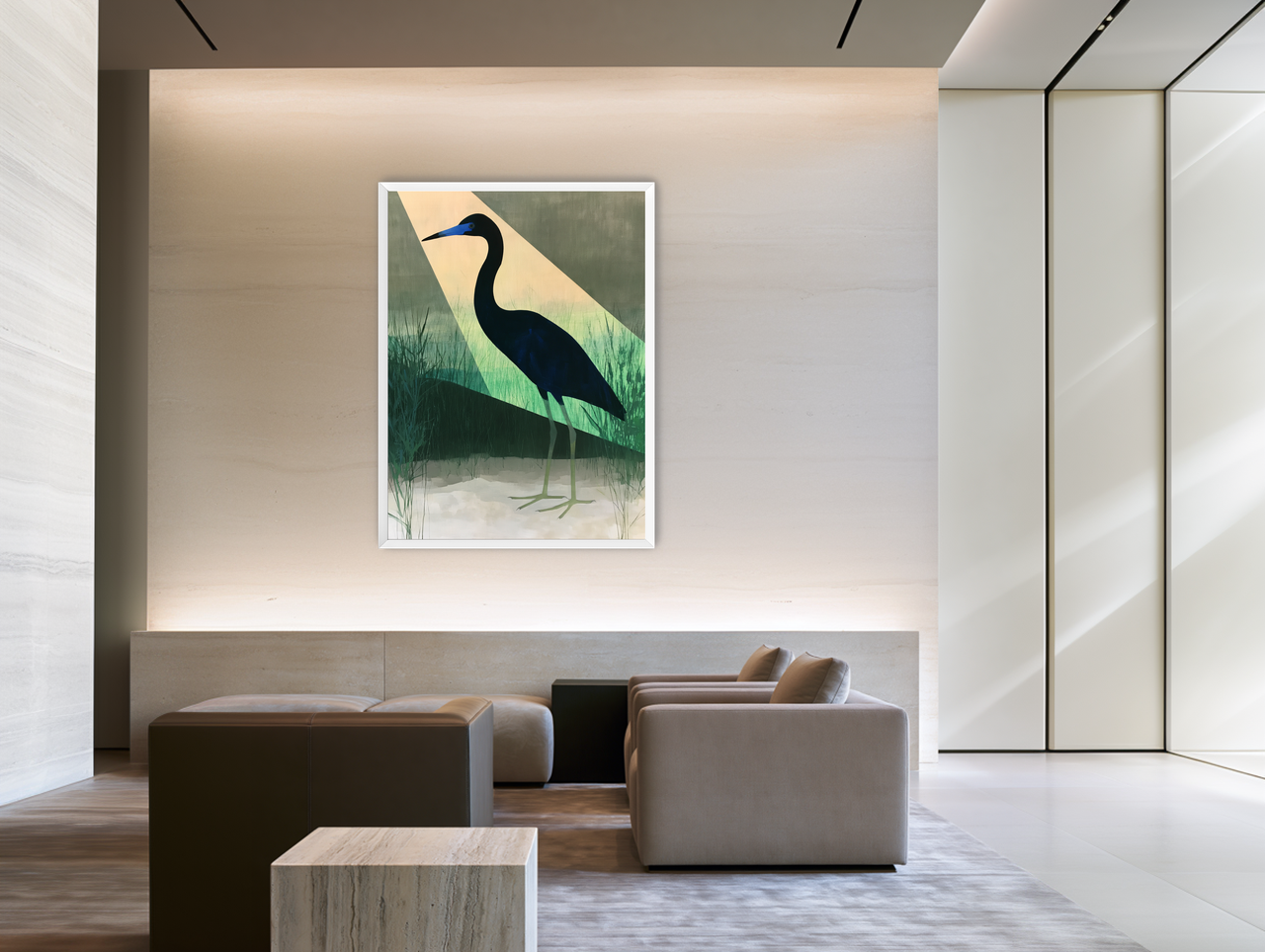 Blue beak in green light room view