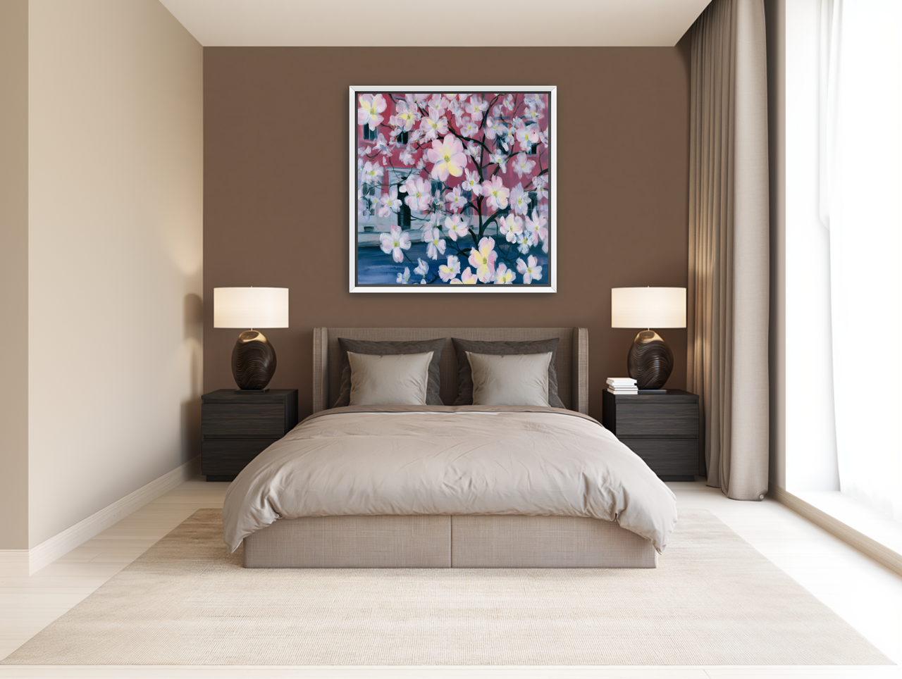 Blossoms across red windows room view