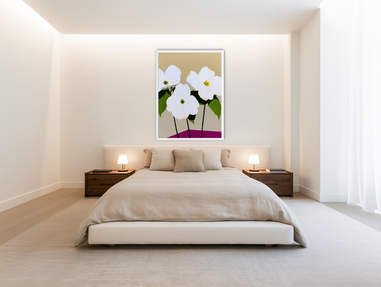 Three white flowers above purple room view